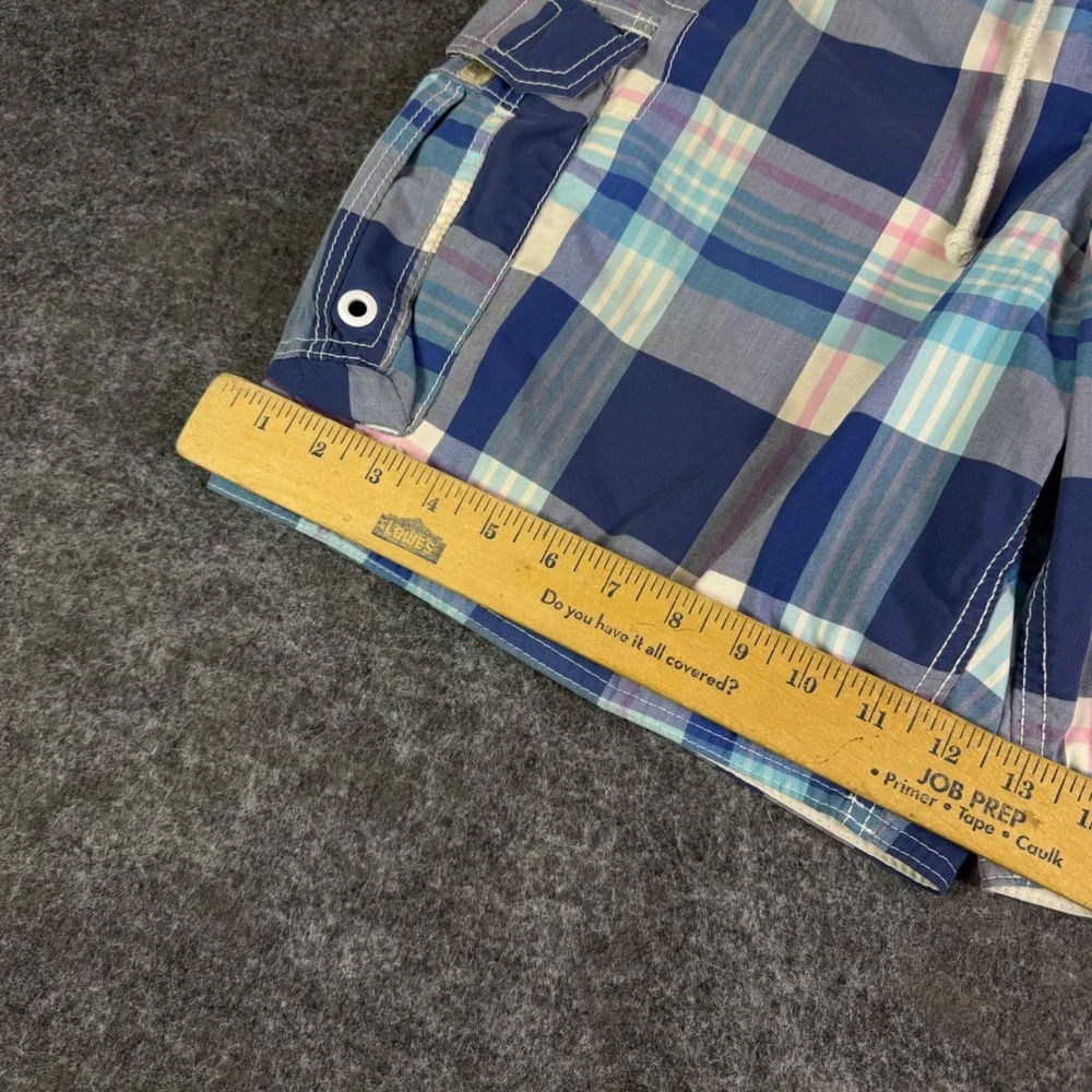 Hollister Mens Plaid Cargo Board Shorts Blue Pink Large Swim Trunks Drawstring
